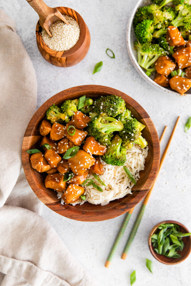 Instant Pot Teriyaki Chicken served with rice and broccoli. 