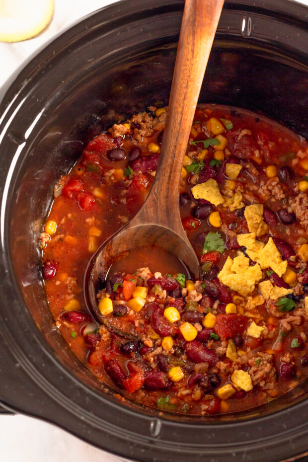 Slow Cooker Taco Soup in the slow cooker bowl. 