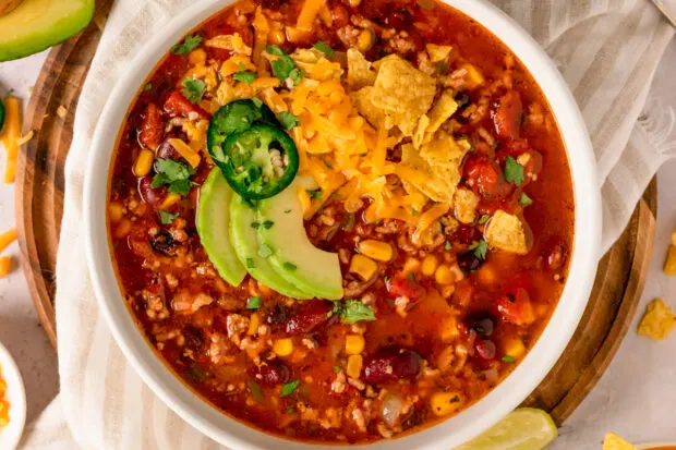 Slow Cooker Taco Soup in a white bowl. 