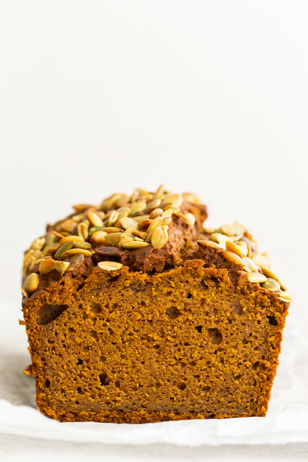 Copycat Starbucks Pumpkin Bread sliced to show the middle of the bread. 