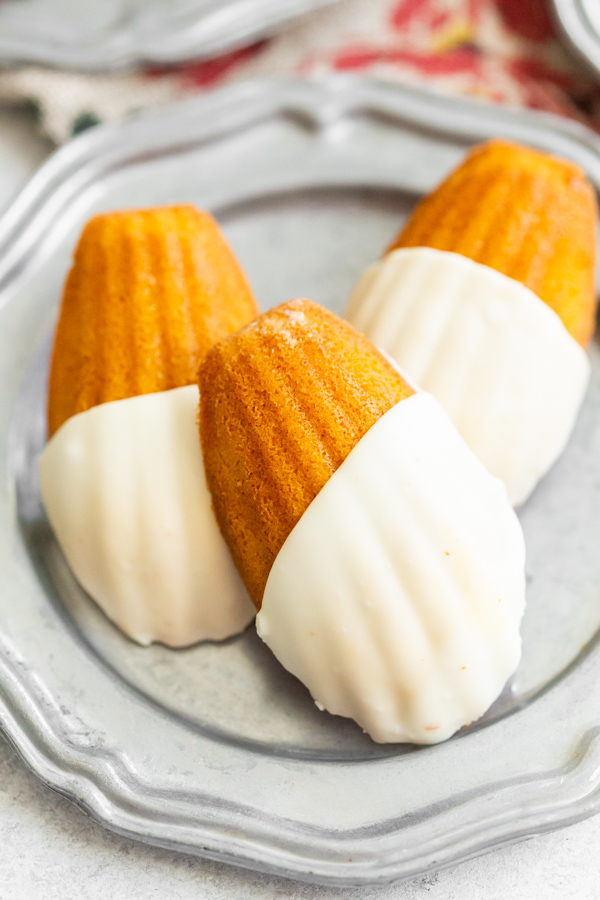 Spiced Pumpkin Madeleines served with white chocolate dipping shell. 