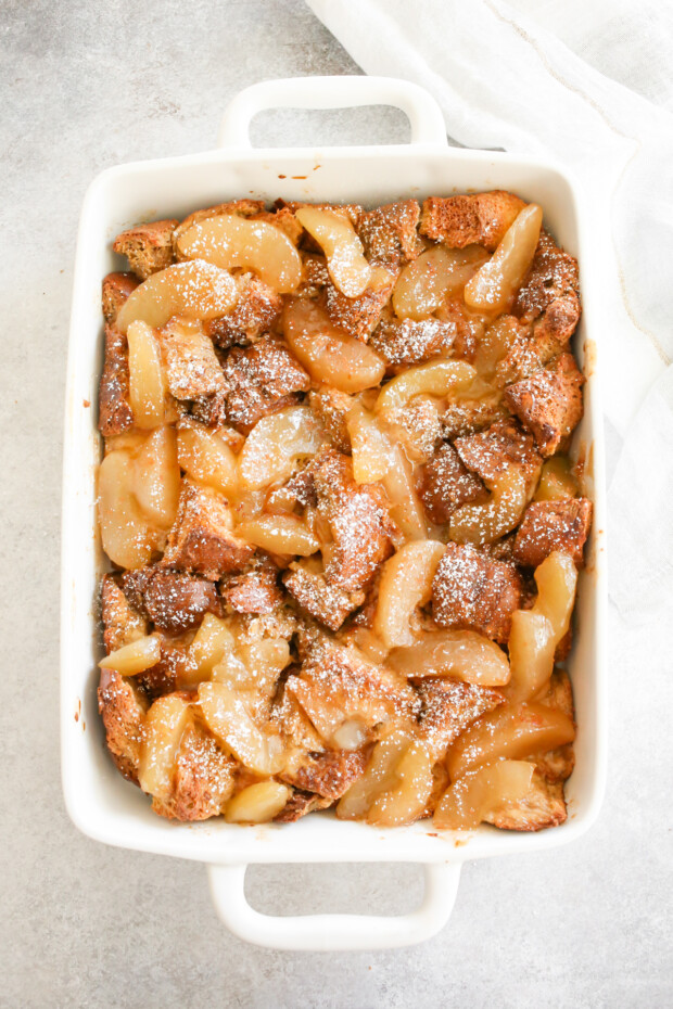 Apple Pie Baked French Toast in a ceramic serving dish. 