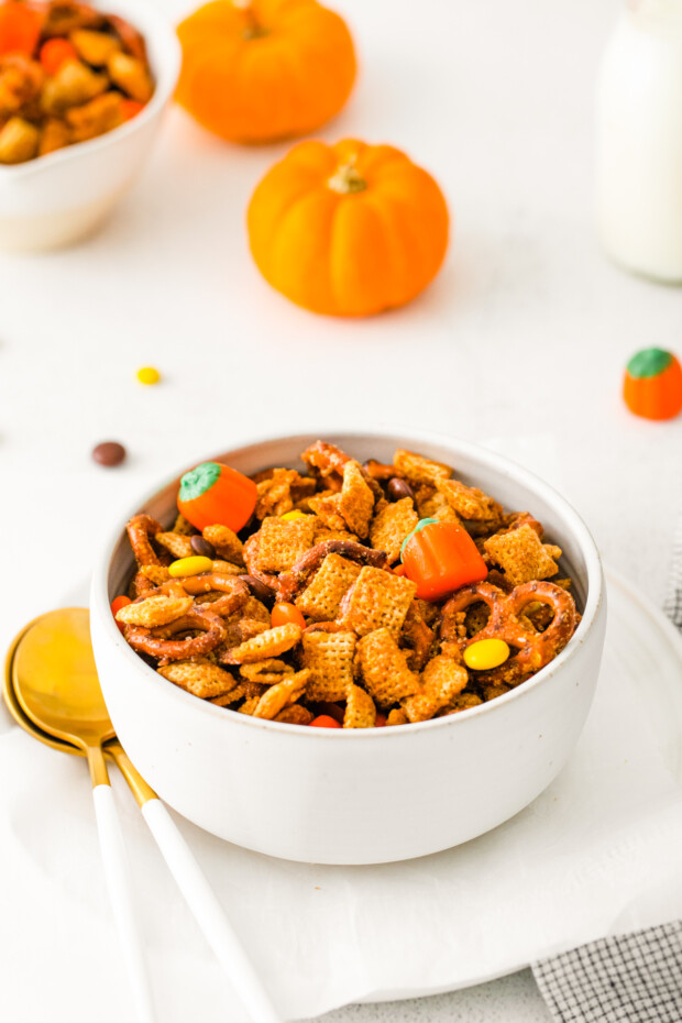 Harvest Chex Mix in a white serving bowl. 