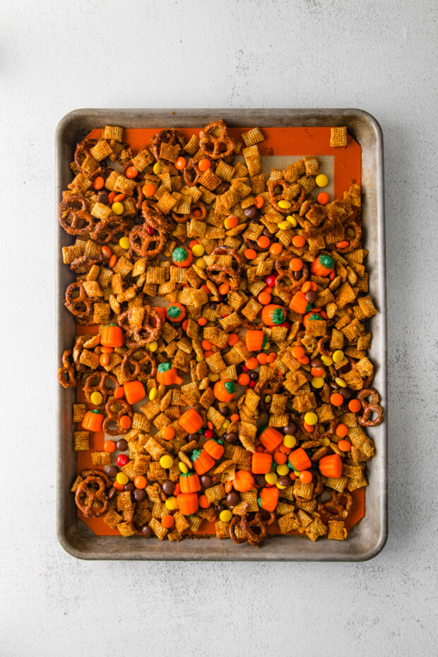 Harvest Chex Mix on a sheet pan. 