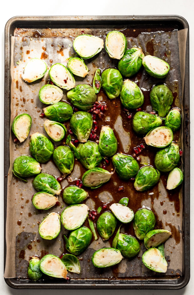 Brussels sprouts on a sheet pan. 