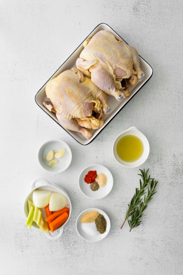 Roasted Cornish Hens ingredients on a table. 
