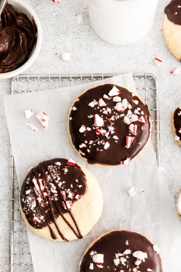 Peppermint Bark Shortbread Cookies on a cooling rack. 