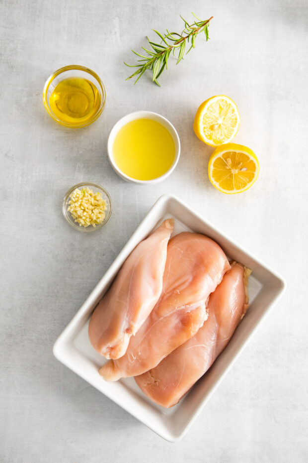 Ingredients to make Air Fryer Lemon Chicken on a table. 