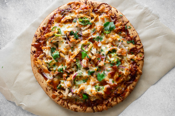 BBQ Chicken Pizza served whole. 