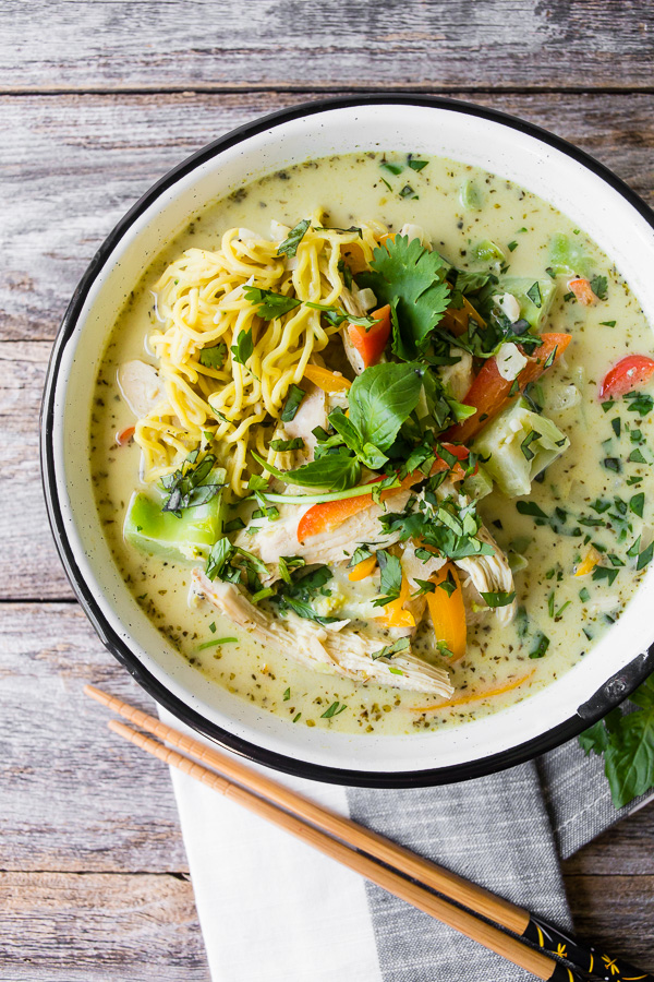 Green Curry Chicken Noodle Soup in a soup bowl. 