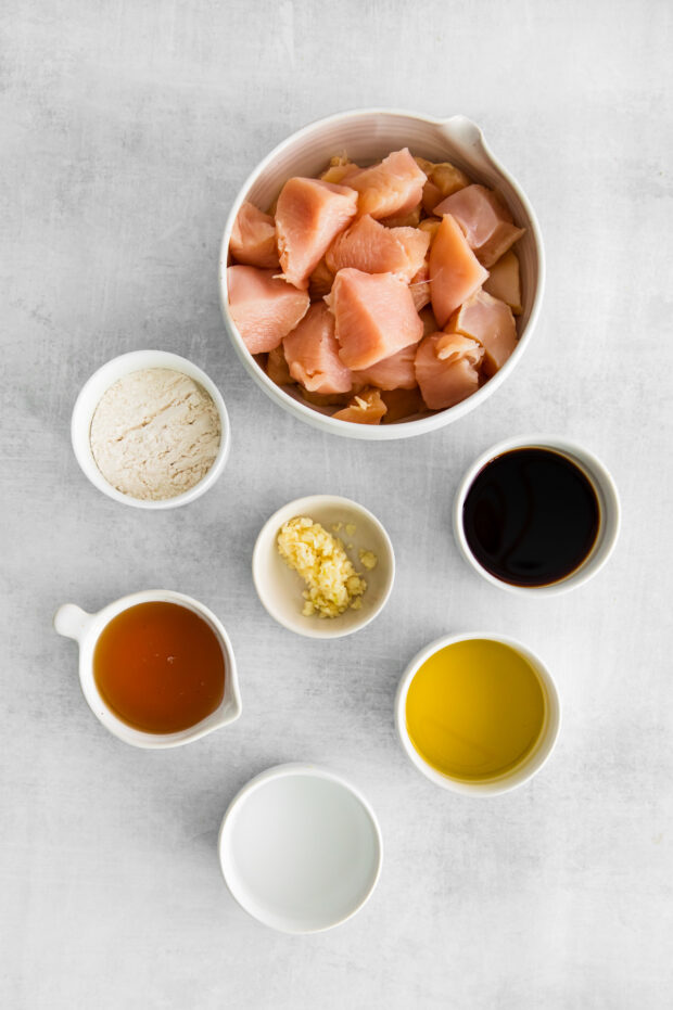 ingredients for Honey Garlic Chicken Bowls on a table. 