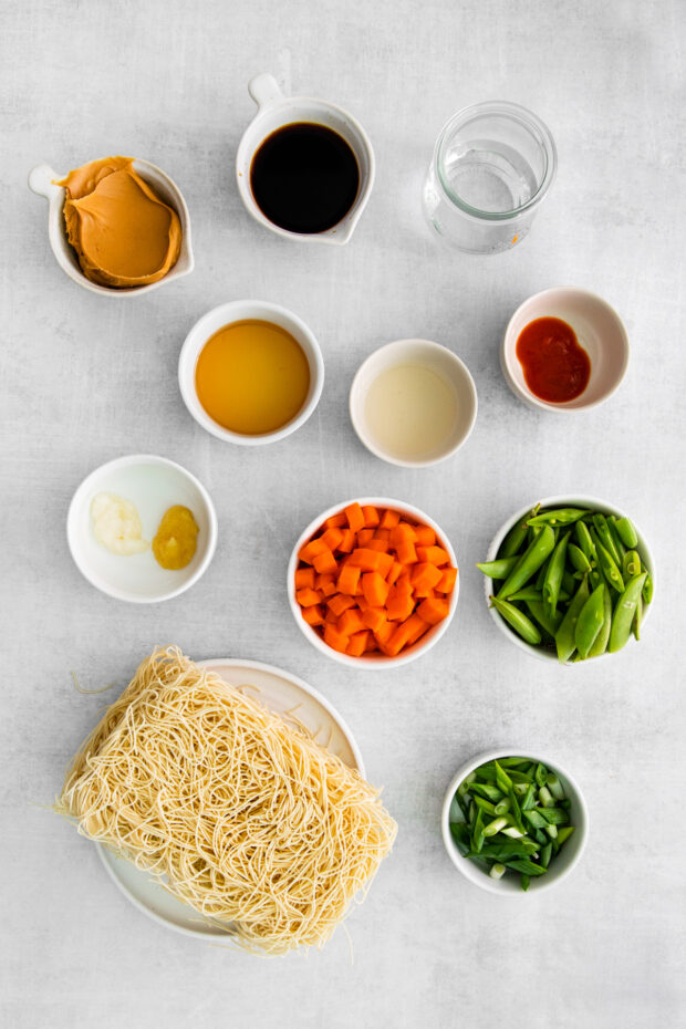 Spicy Peanut Noodle ingredients on a table. 