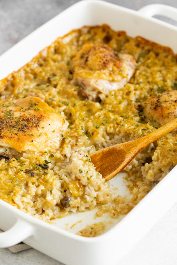 Easy Chicken and Rice Casserole in a white dish. 