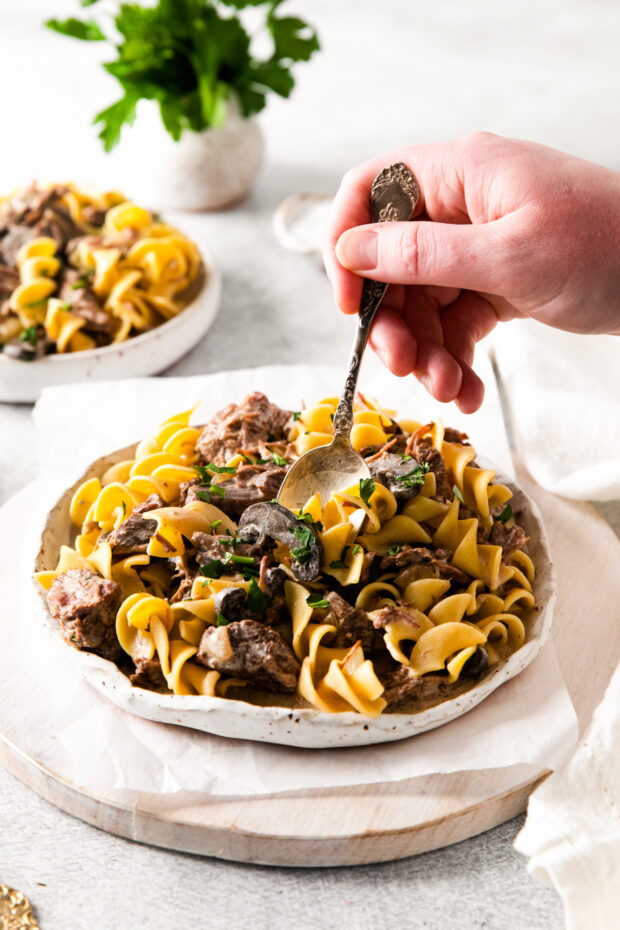 Slow Cooker Beef Stroganoff served with noodles on a plate. 