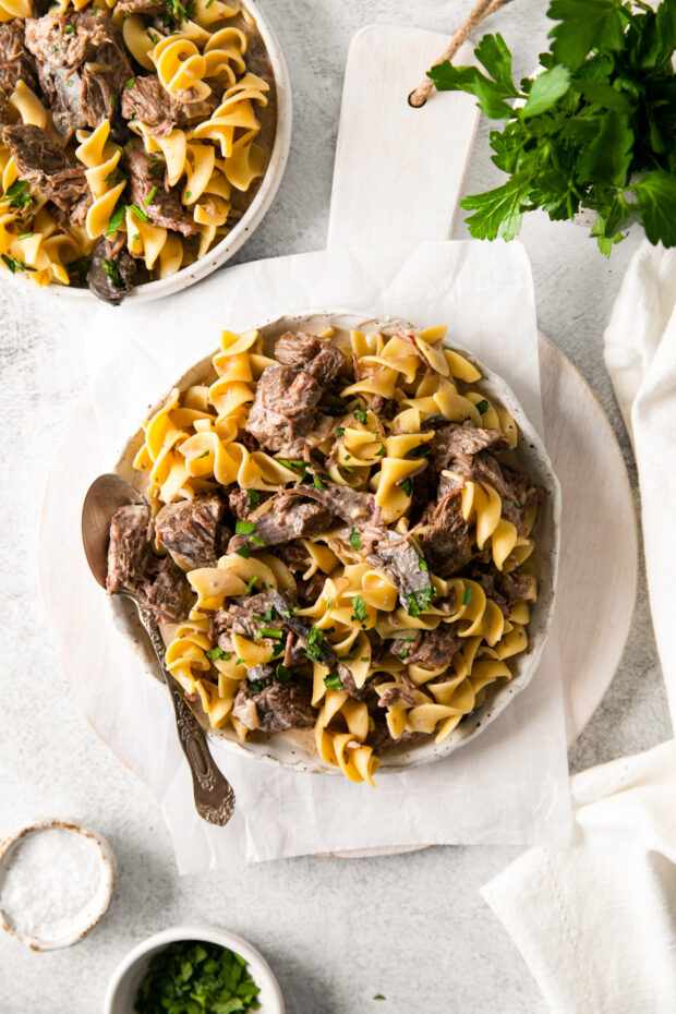 Slow Cooker Beef Stroganoff on a plate. 