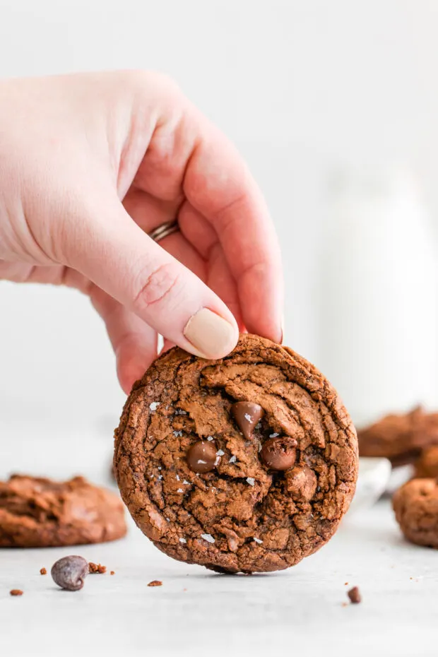 A hand holding up a Brownie Mix Cookie. 