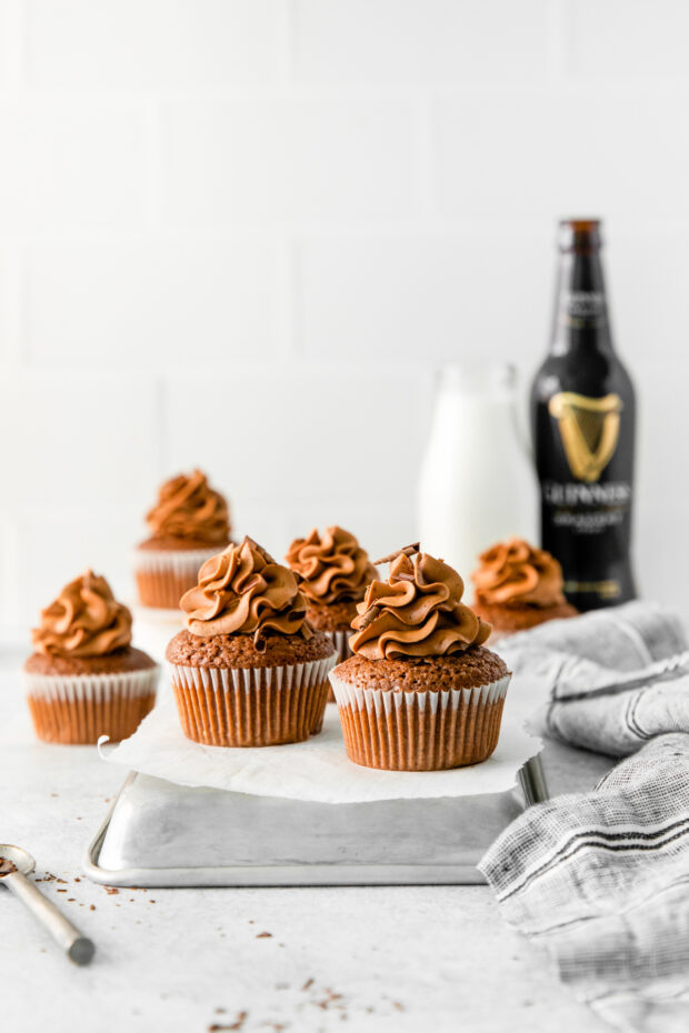 Chocolate Guinness Cupcakes sitting on a table. 