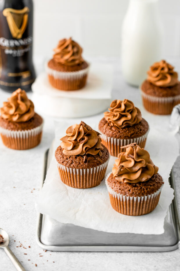 Chocolate Guinness Cupcakes topped with frosting. 