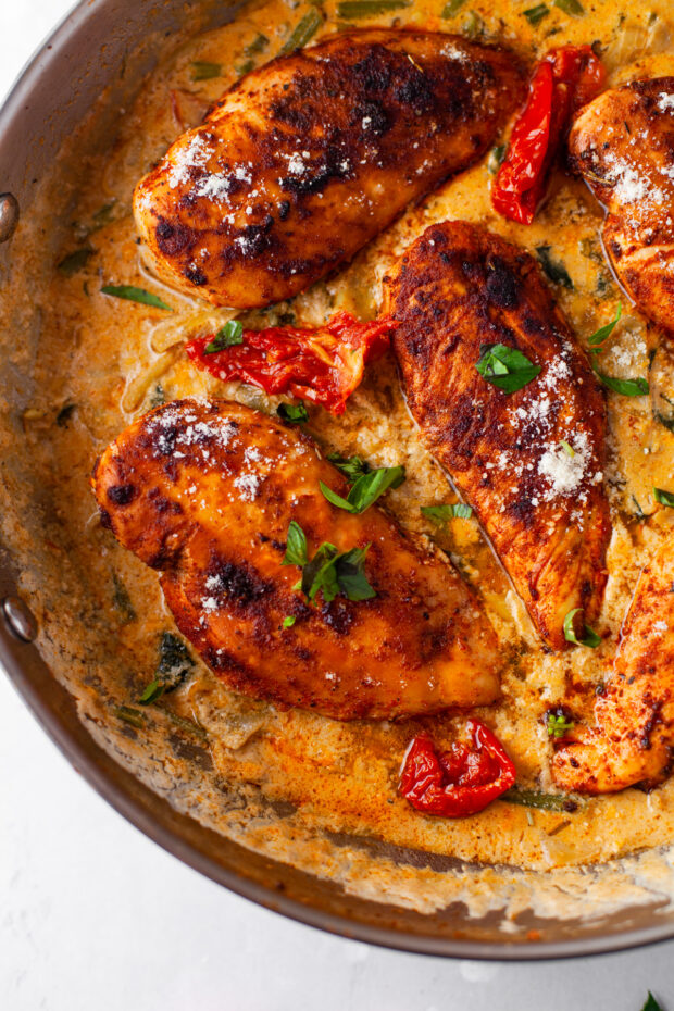 Creamy Tuscan Chicken in a large skillet. 