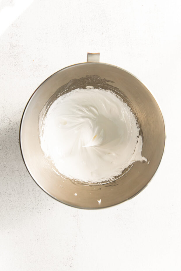 Whipped meringue in a bowl. 