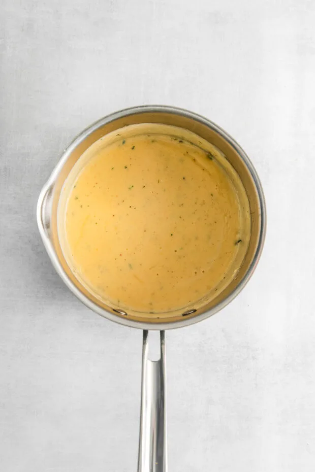 Fully cooked cheese sauce. 