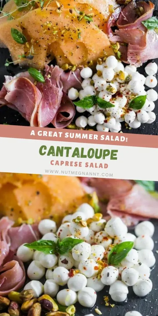 Cantaloupe Prosciutto Caprese Salad pin for Pinterest. 