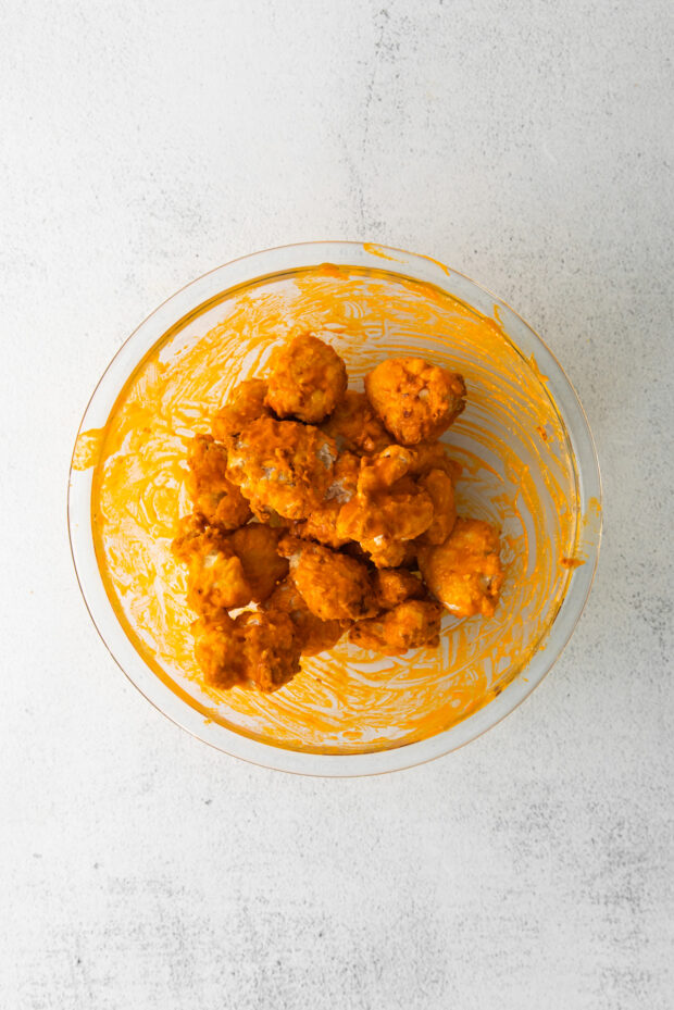 Chicken nuggets tossed in buffalo sauce. 