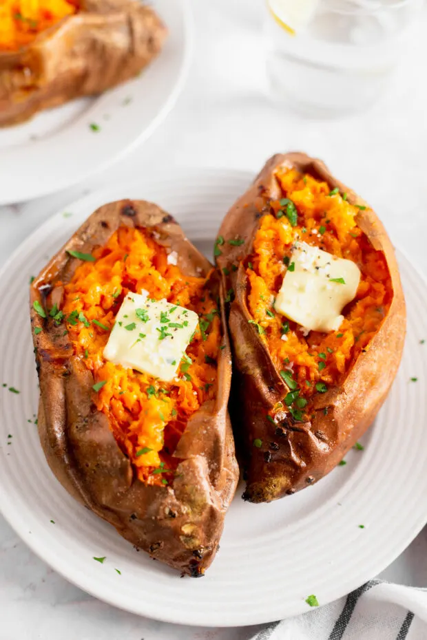 Baked Sweet Potatoes served with butter. 