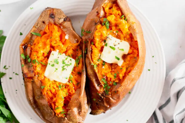 Baked Sweet Potatoes on a plate. 