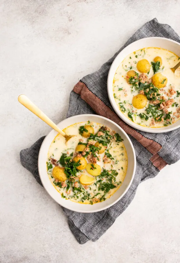 Instant Pot Zuppa Toscana Soup served with a napkin. 