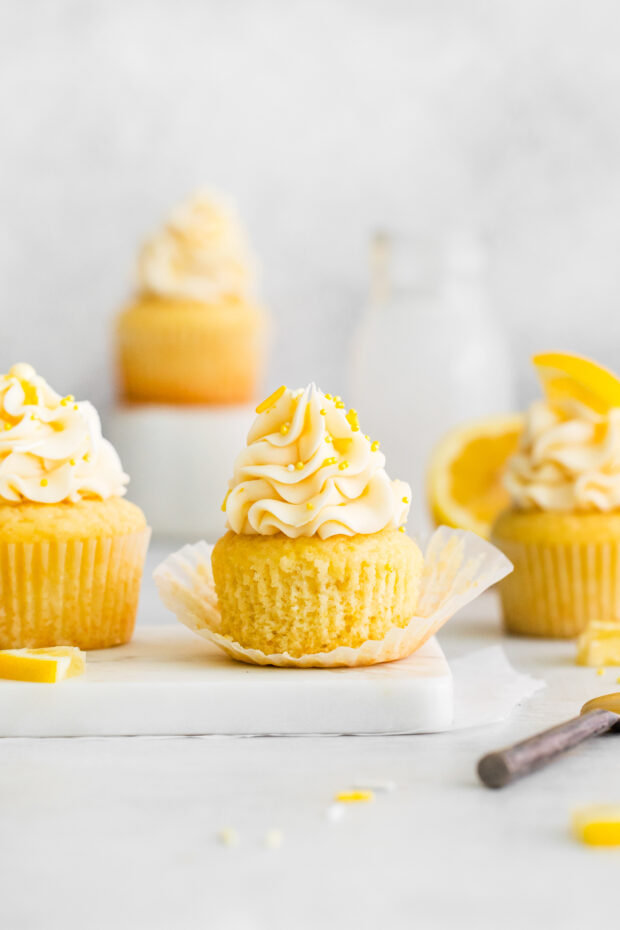 Lemon Curd Cupcakes topped with buttercream. 