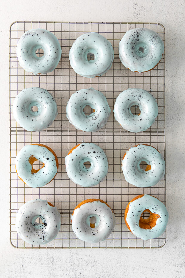 Robin's Egg Baked Donuts on a cooling rack. 