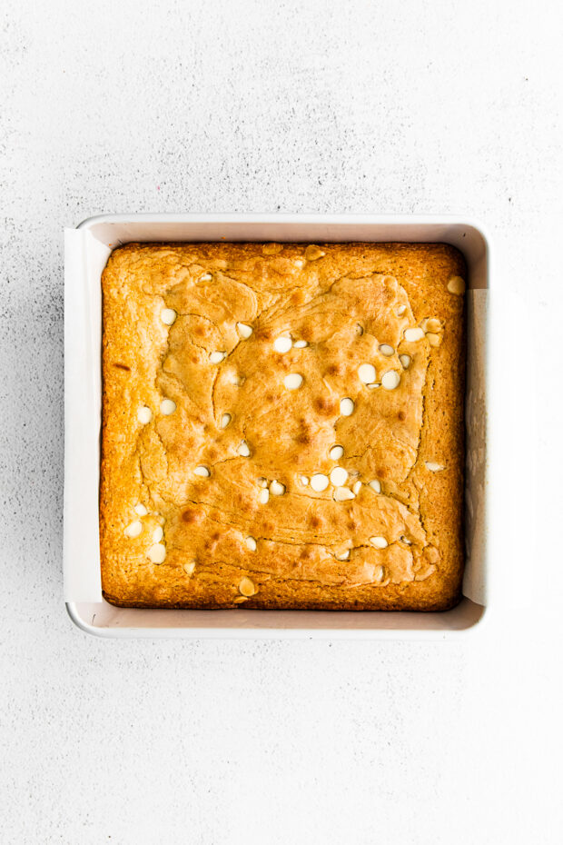 White Chocolate Chip Blondies in a 9x9 pan. 