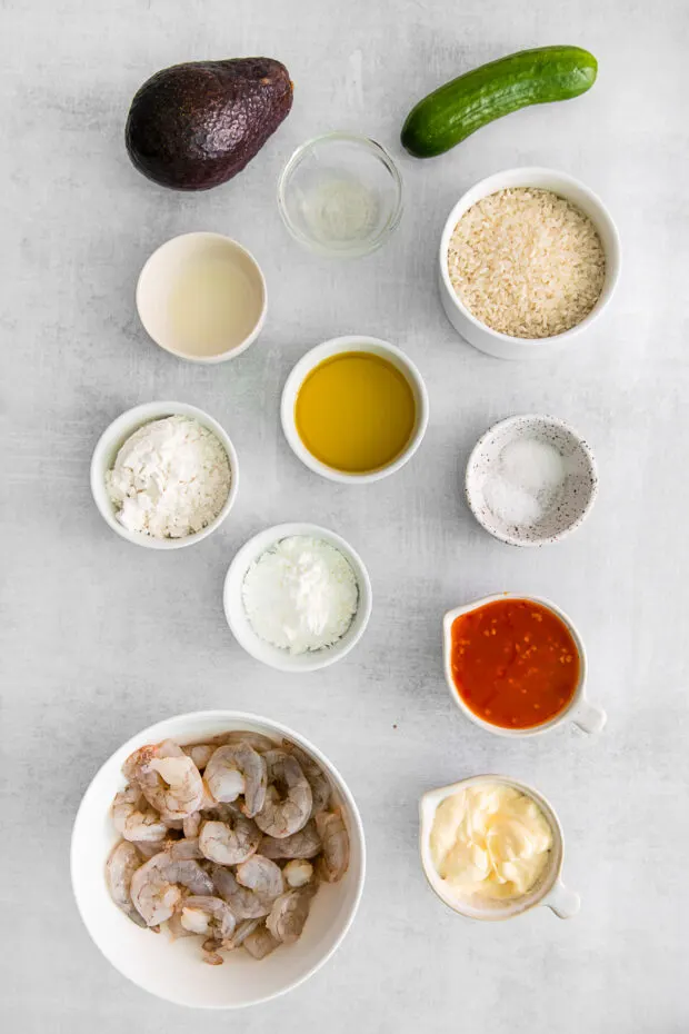 Ingredients to make Bang Bang Shrimp Bowls