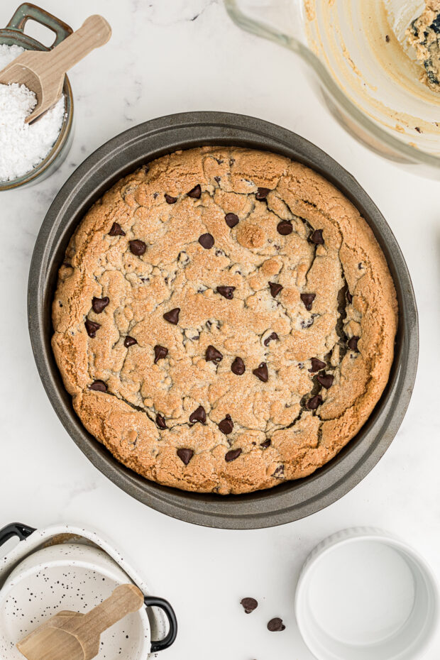 Baked Chocolate Chip Cookie Cake in the pan. 