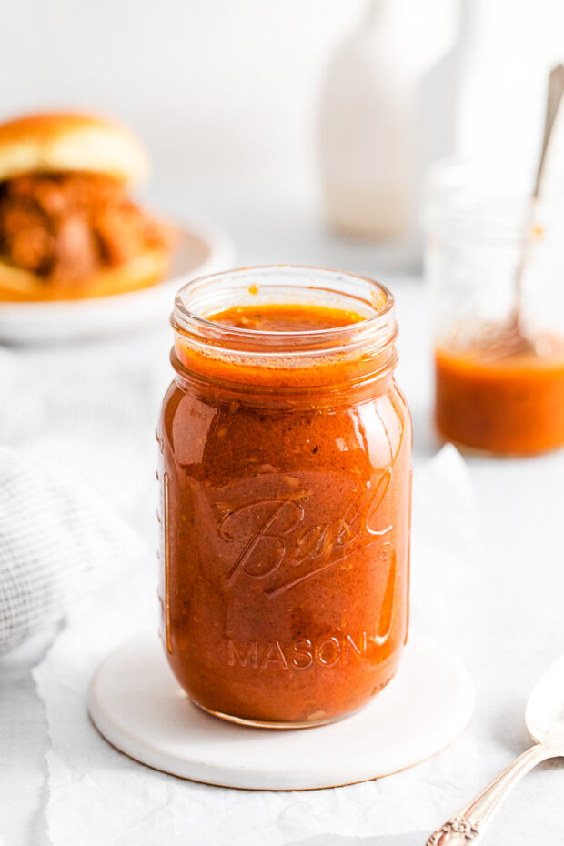 Easy BBQ Sauce stored in a jar. 