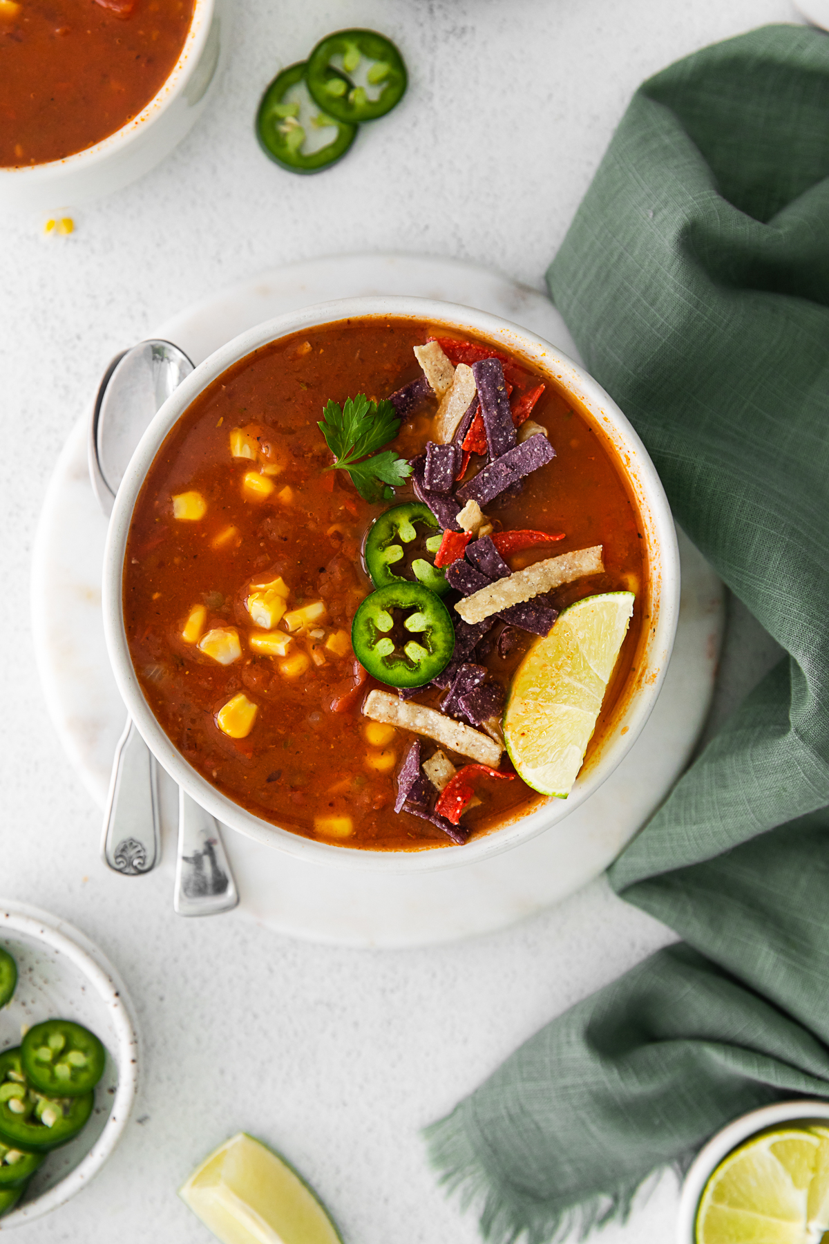 Vegan Tortilla Soup topped with jalapeno. 