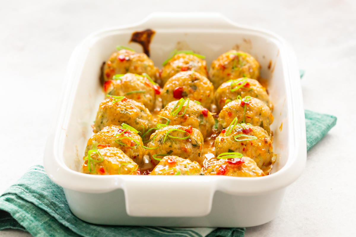 Easy Thai Baked Chicken Meatballs in a dish. 