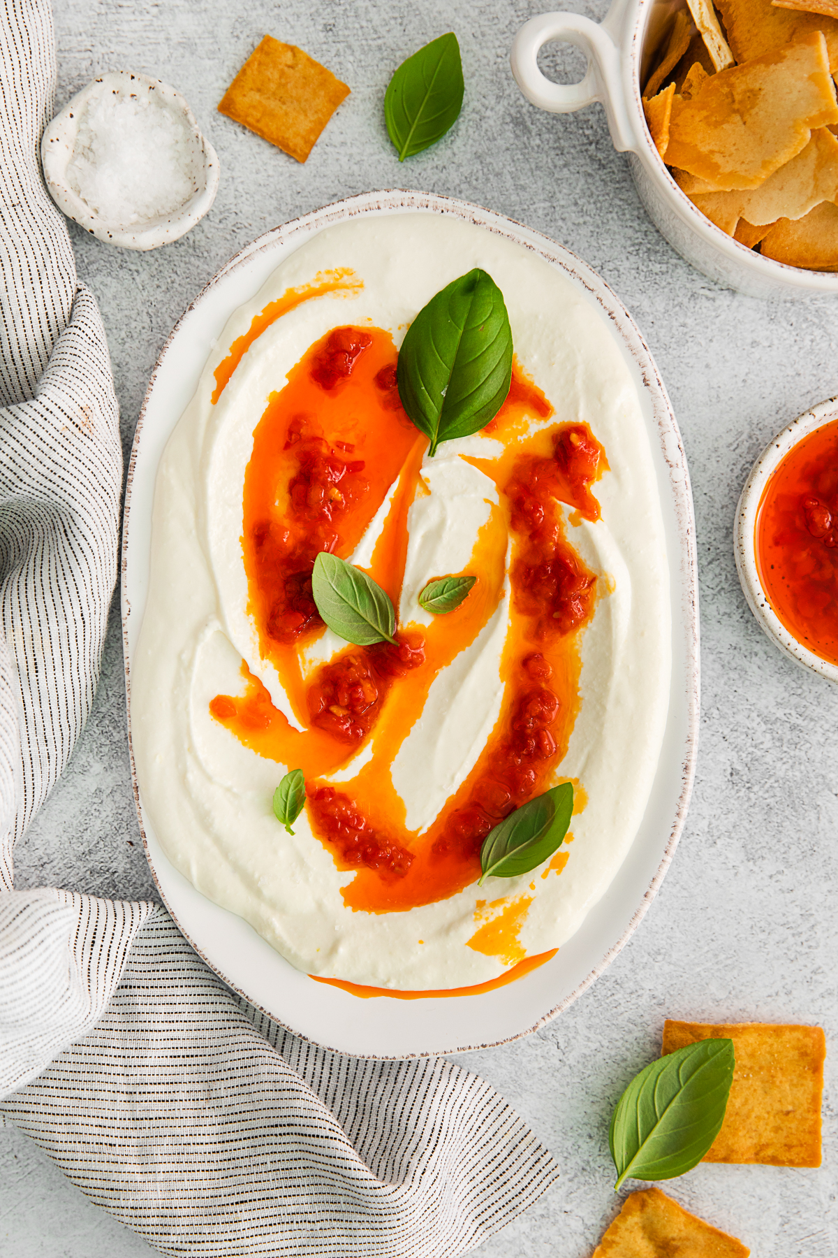 Harissa Whipped Feta on a serving dish. 