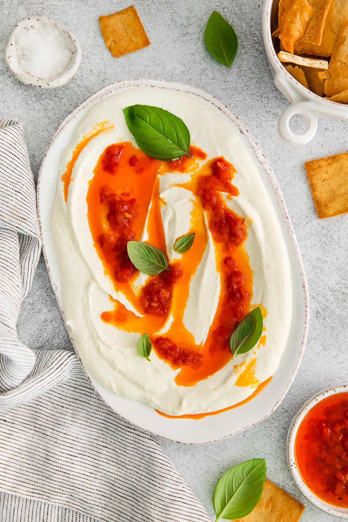Harissa Whipped Feta served with pita chips. 