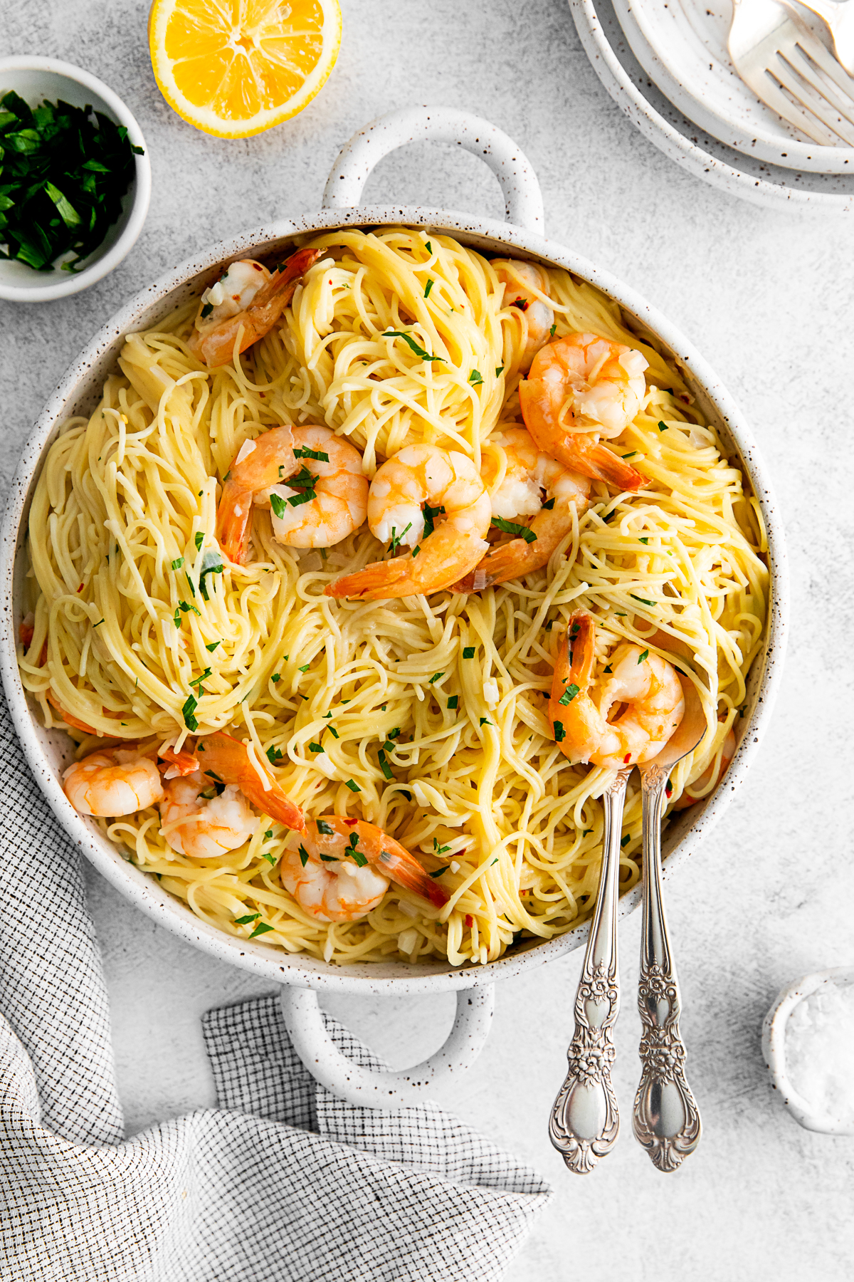 Instant Pot Shrimp Scampi in a bowl with a serving spoon. 