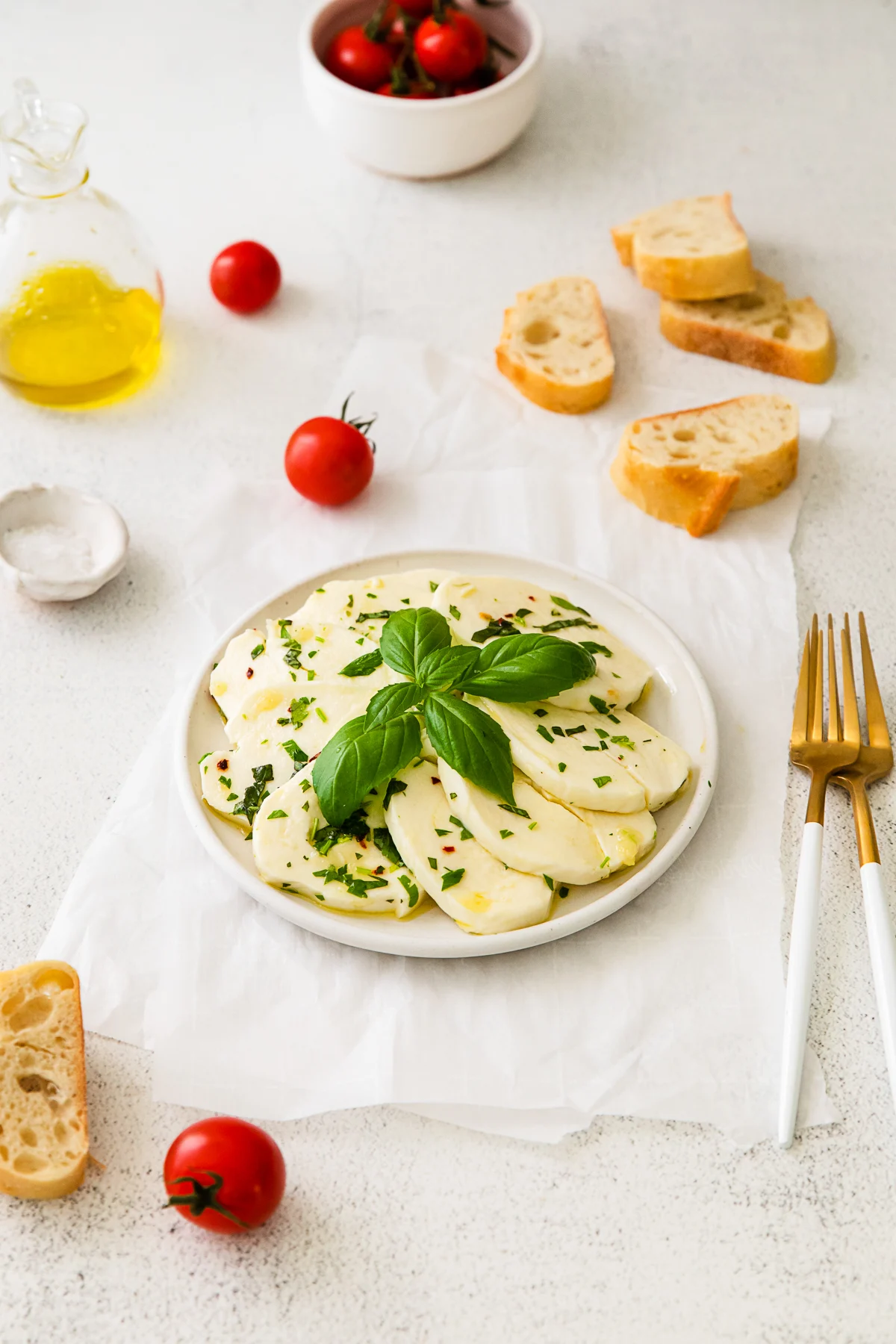 Marinated Mozzarella served with extra olive oil. 
