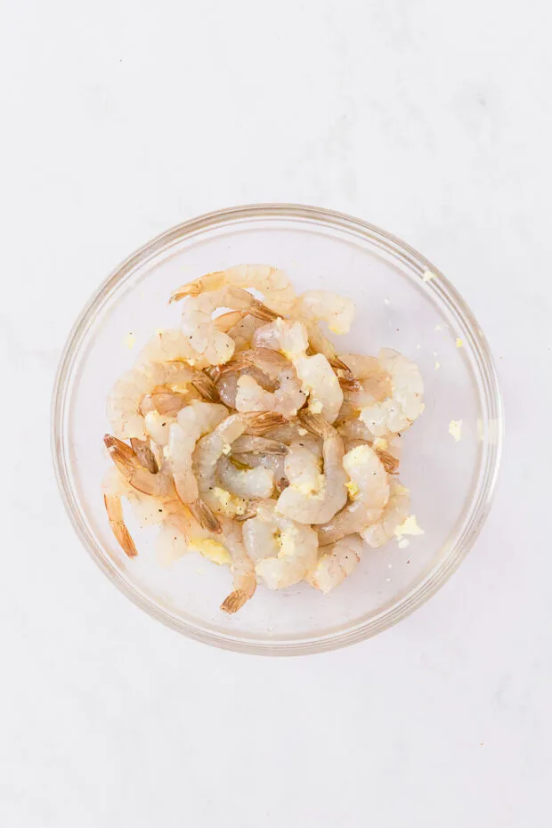Garlic marinated shrimp in a bowl. 