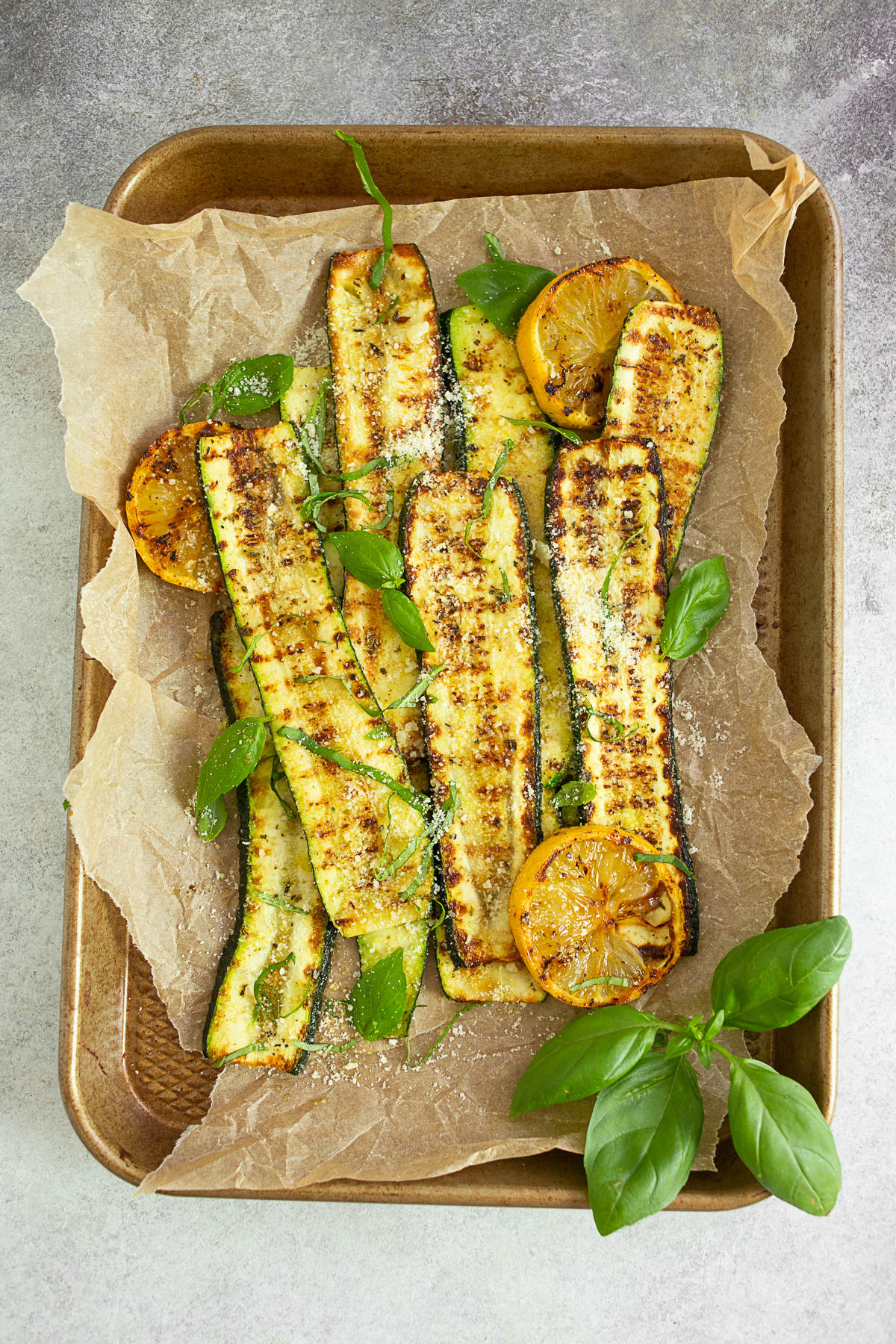 Grilled Zucchini on a sheet pan. 