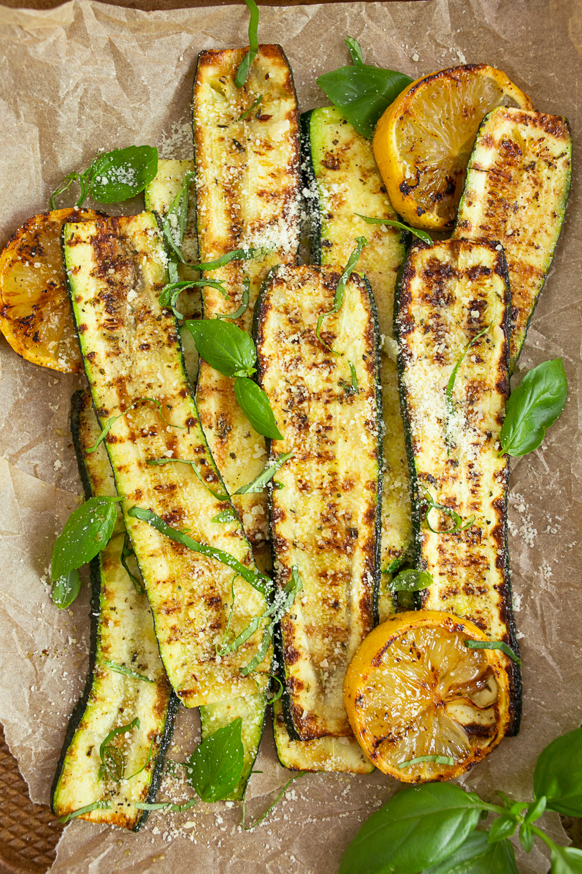 Grilled Zucchini topped with fresh basil. 