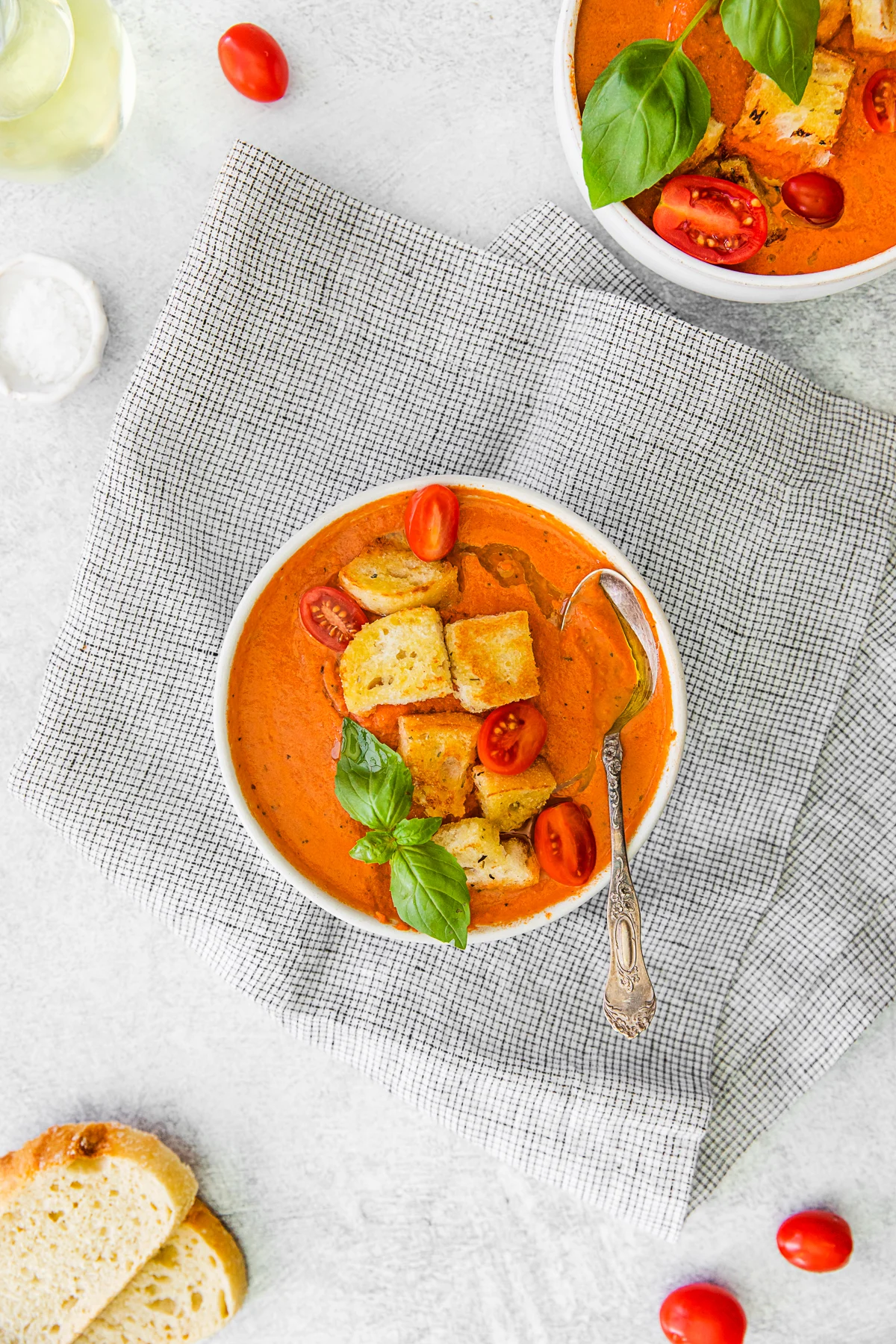 Instant Pot Tomato Soup topped with croutons. 