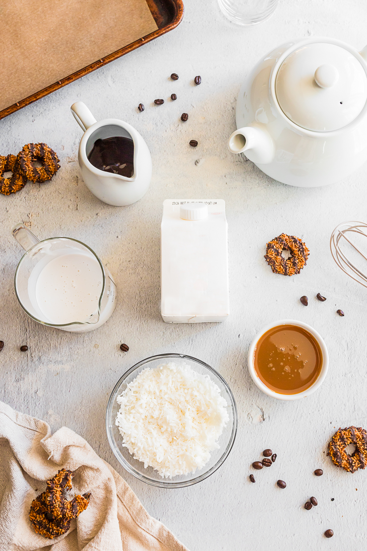 Ingredients to make iced coffee on a table. 