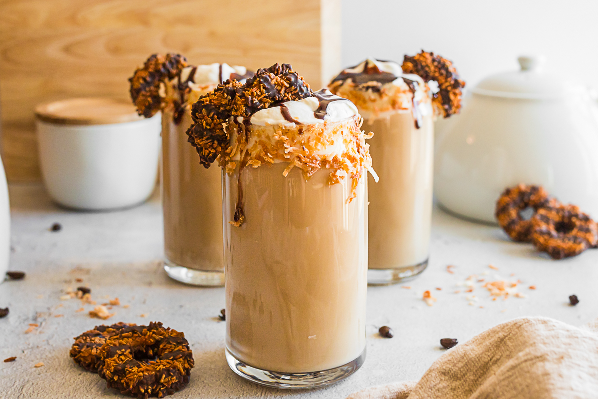 3 glasses of Samoas Iced Coffee on a table. 