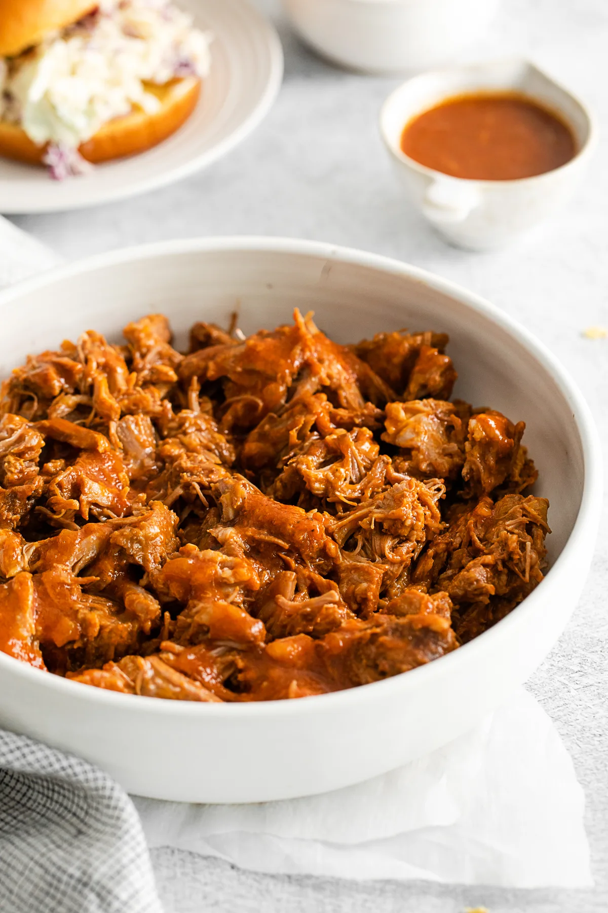 Slow Cooker BBQ Pulled Pork in a serving bowl. 