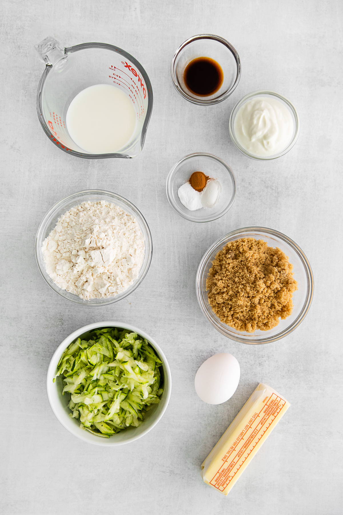 Ingredients to make Zucchini Bread on a table. 